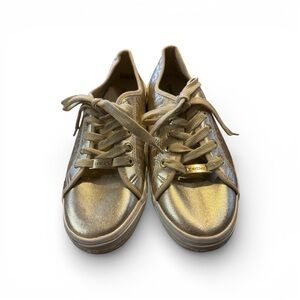 BeBe Sport Dane gold metallic logo lace up sneakers, size 10